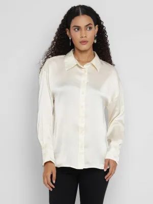 Porsorte Women’s Offwhite Satin Full Sleeves & Button-Down Collar Shirt