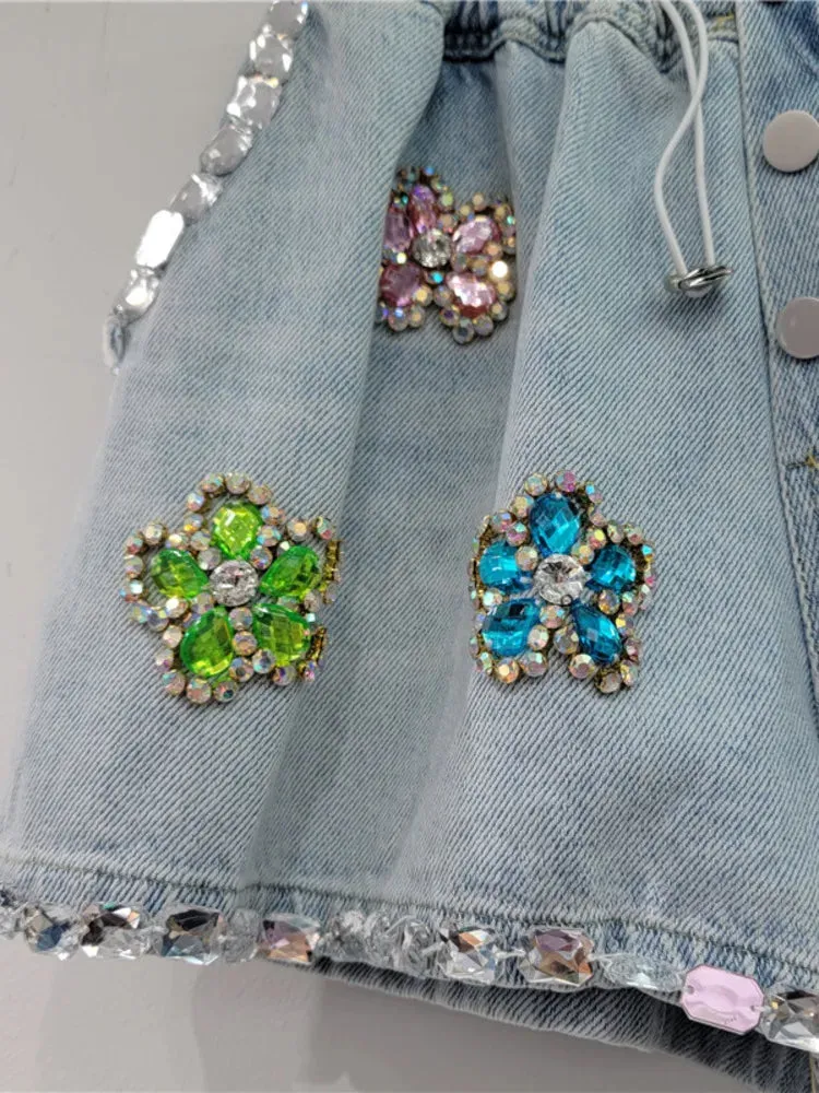 Pre Order:  Handmade Flower Diamond Embedding Wide Leg Denim Shorts