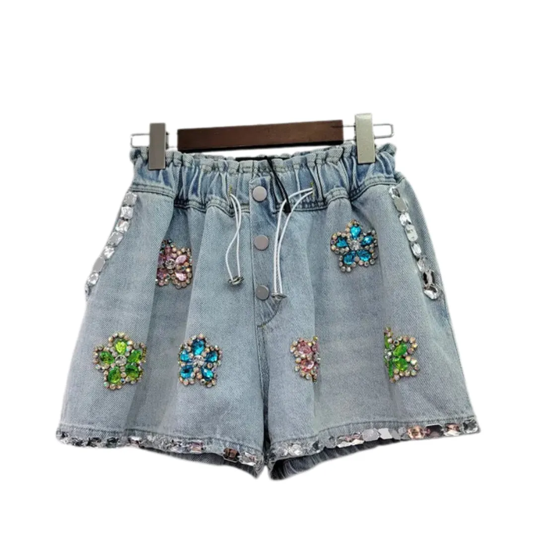 Pre Order:  Handmade Flower Diamond Embedding Wide Leg Denim Shorts