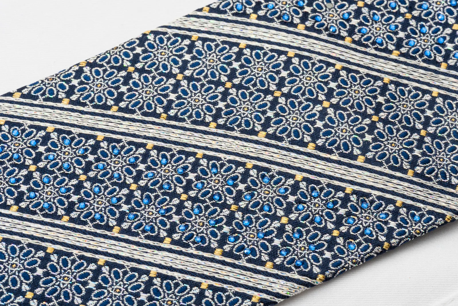 Premierlux Silk Rhinestone Tie Silver Stripes & Floral On Navy Blue With Silver Sparkles