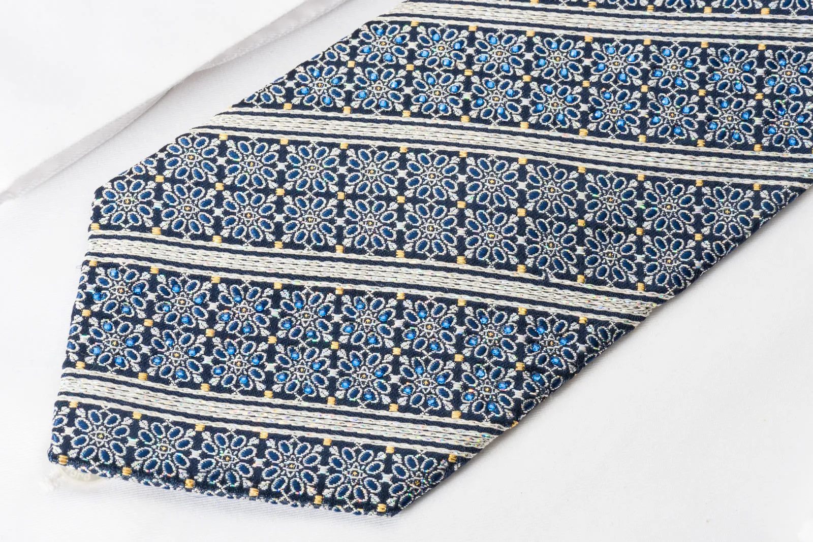 Premierlux Silk Rhinestone Tie Silver Stripes & Floral On Navy Blue With Silver Sparkles