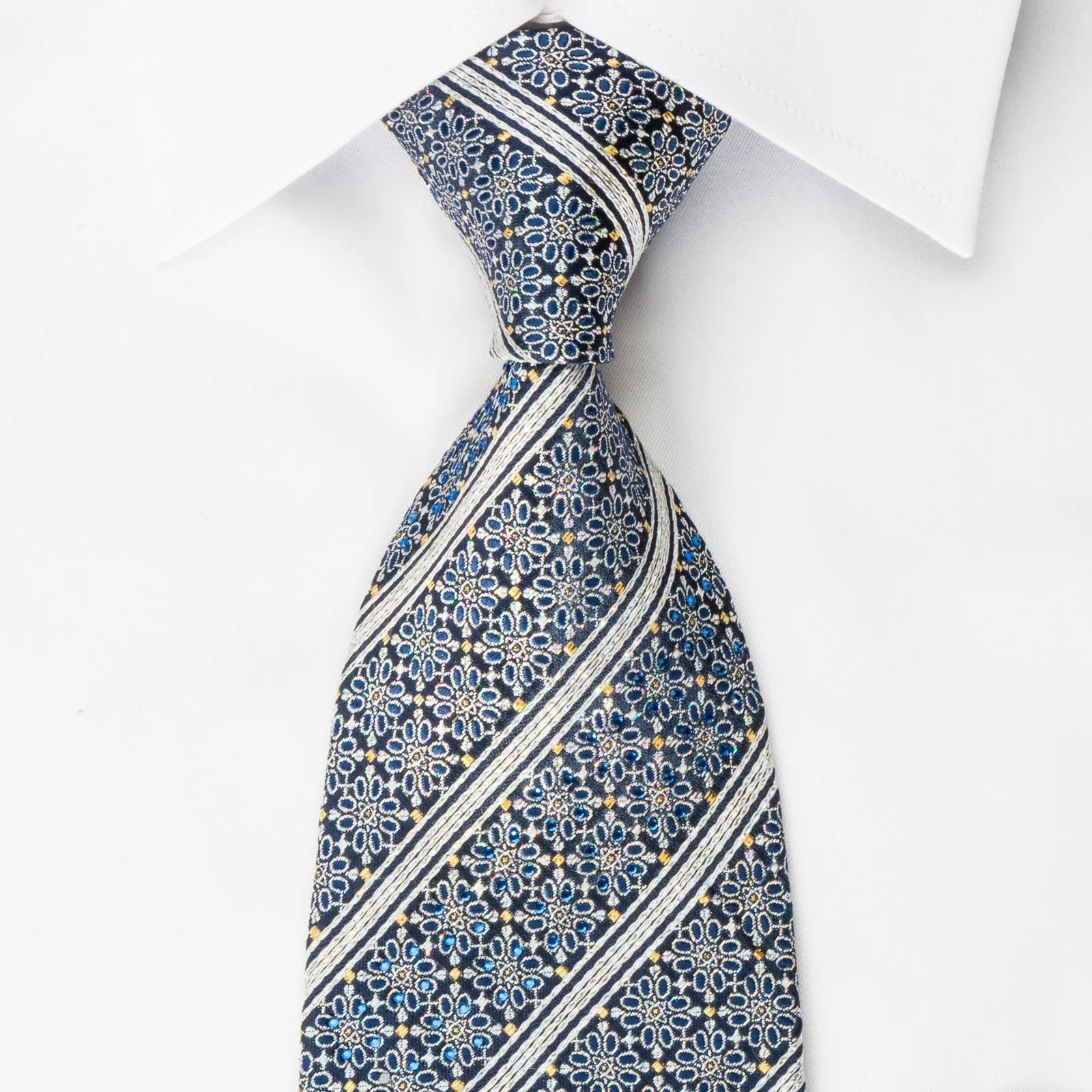 Premierlux Silk Rhinestone Tie Silver Stripes & Floral On Navy Blue With Silver Sparkles