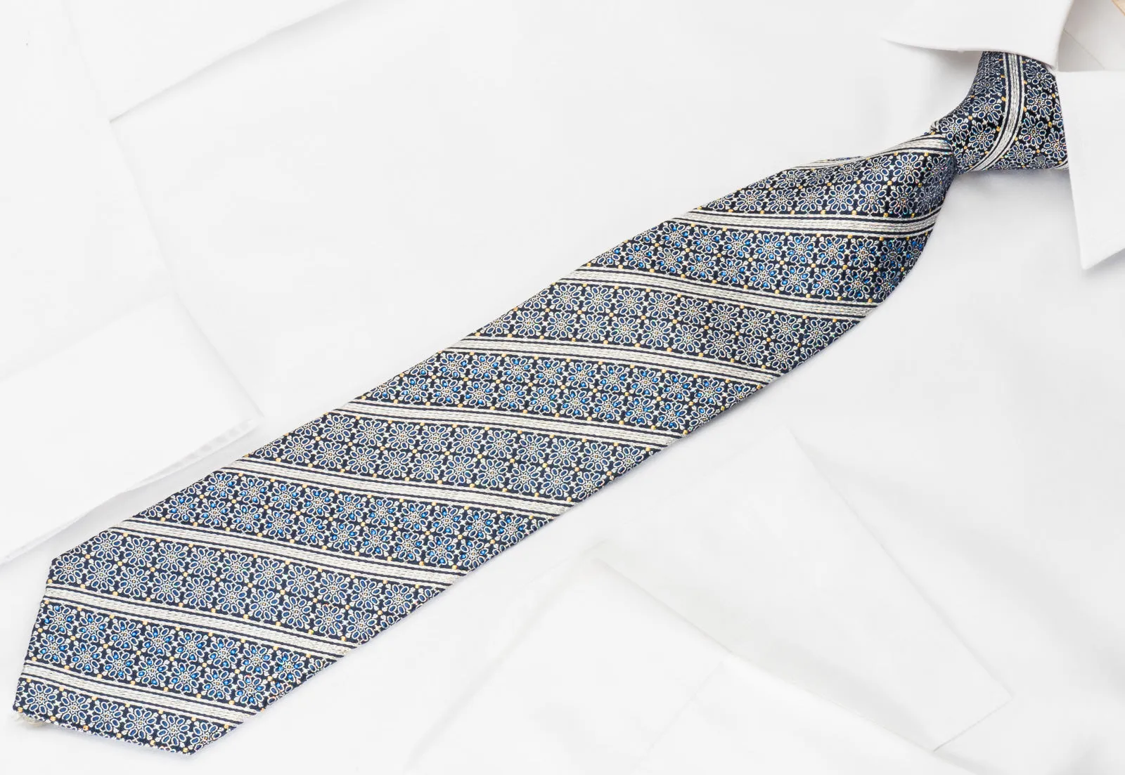 Premierlux Silk Rhinestone Tie Silver Stripes & Floral On Navy Blue With Silver Sparkles