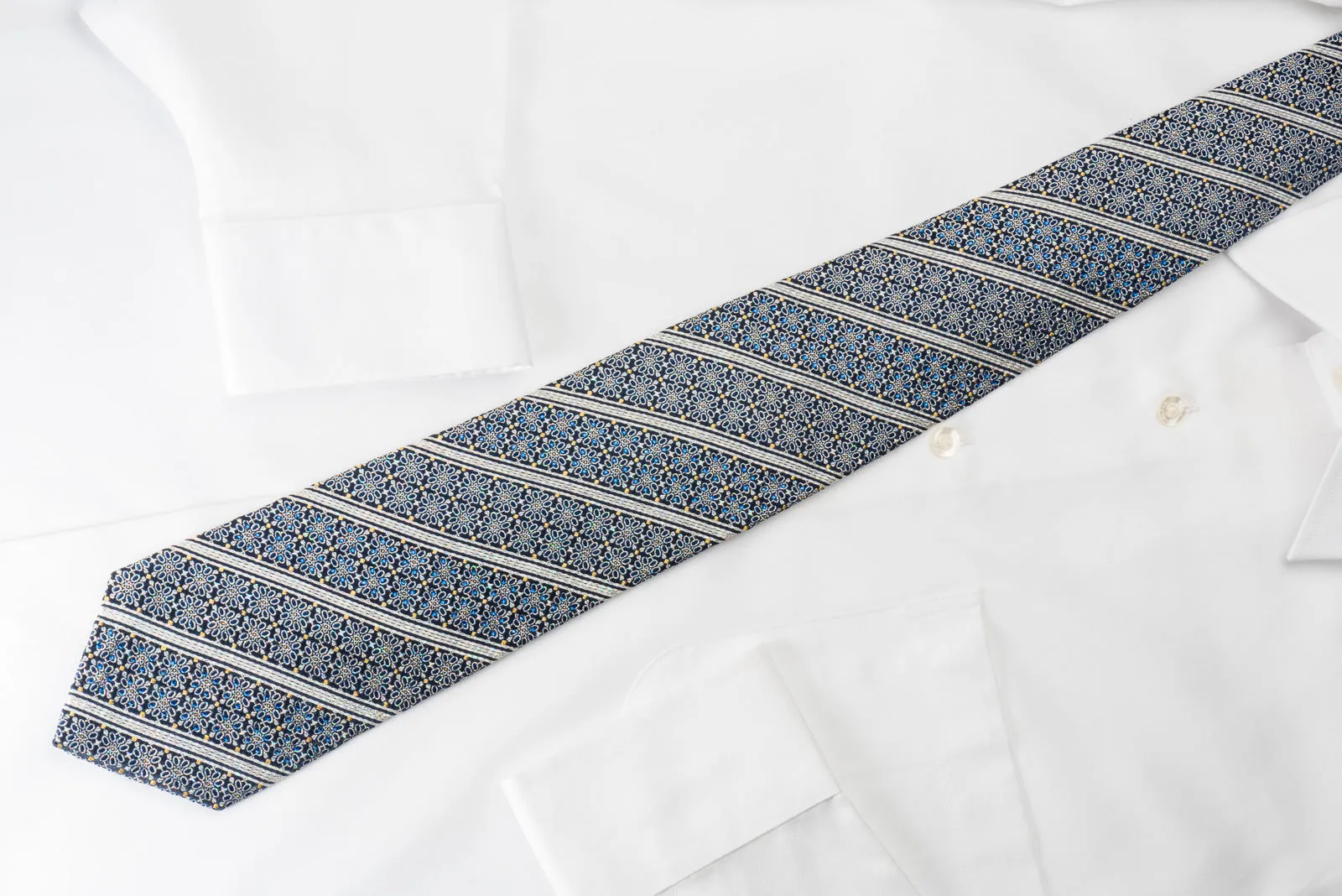 Premierlux Silk Rhinestone Tie Silver Stripes & Floral On Navy Blue With Silver Sparkles