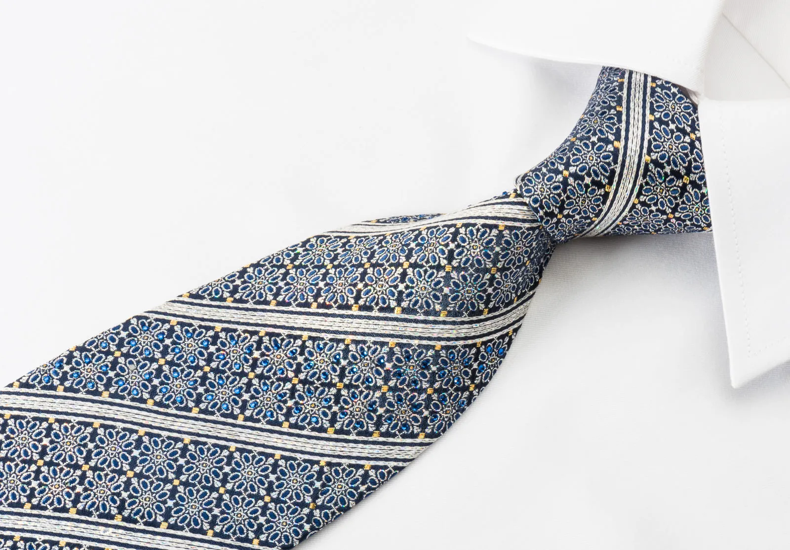 Premierlux Silk Rhinestone Tie Silver Stripes & Floral On Navy Blue With Silver Sparkles