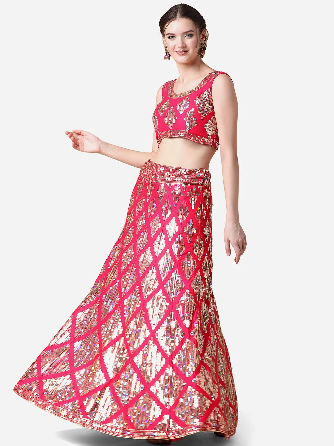 Rani Pink Embroidered Malai Satin Lehenga Choli for Parties