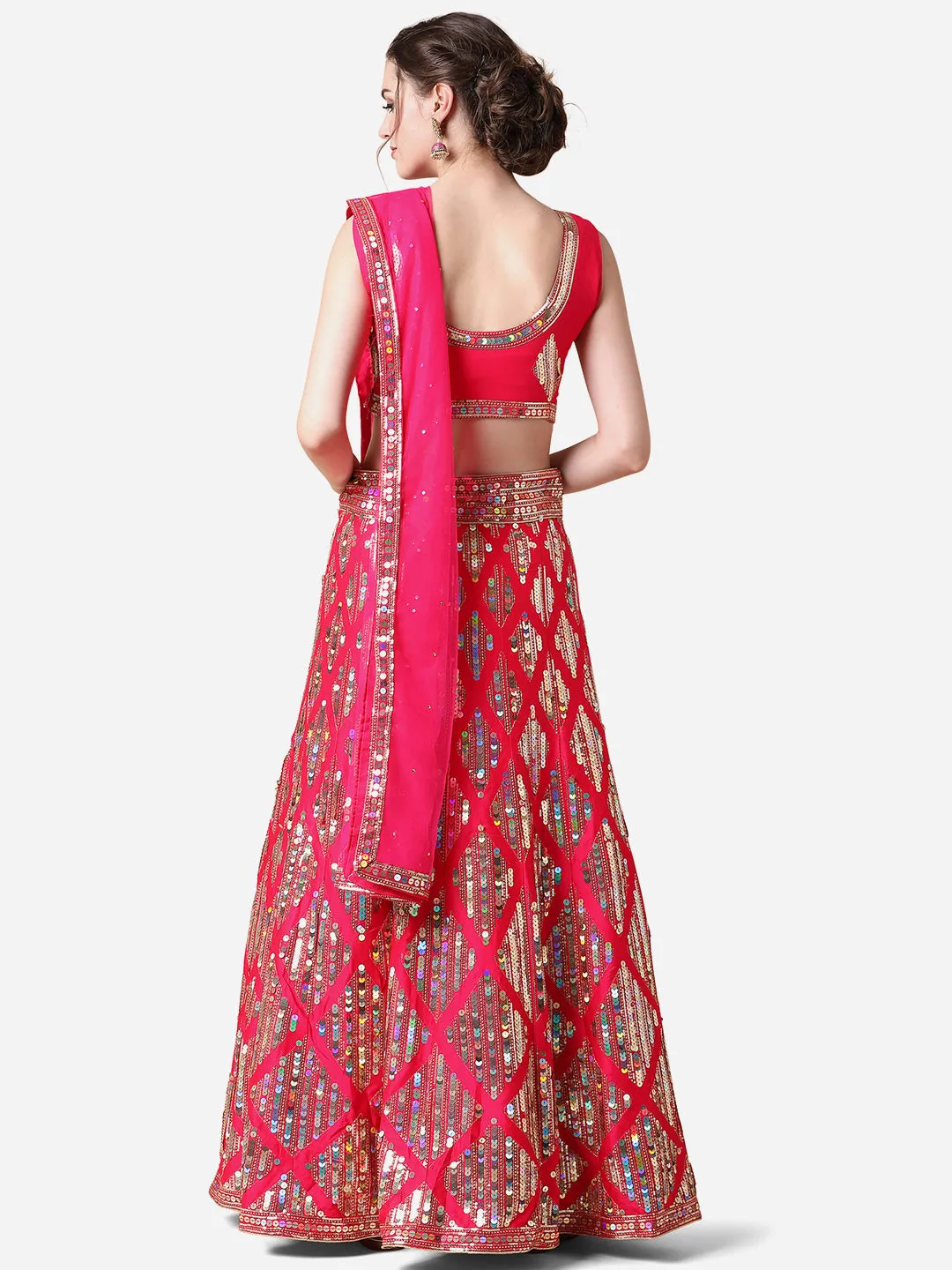 Rani Pink Embroidered Malai Satin Lehenga Choli for Parties