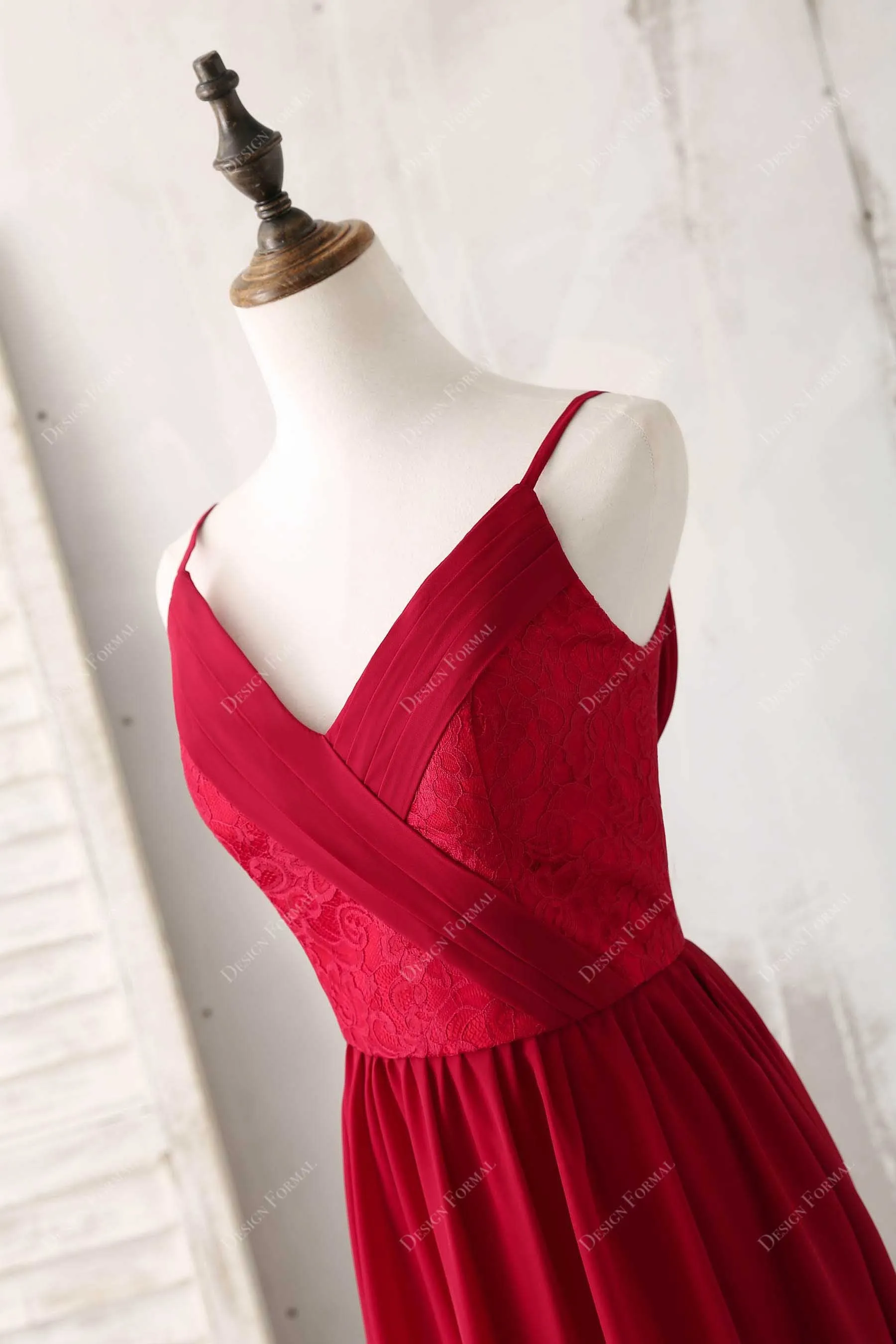 Red Lace Chiffon Thin Straps A-line Elegant Long Formal Gown