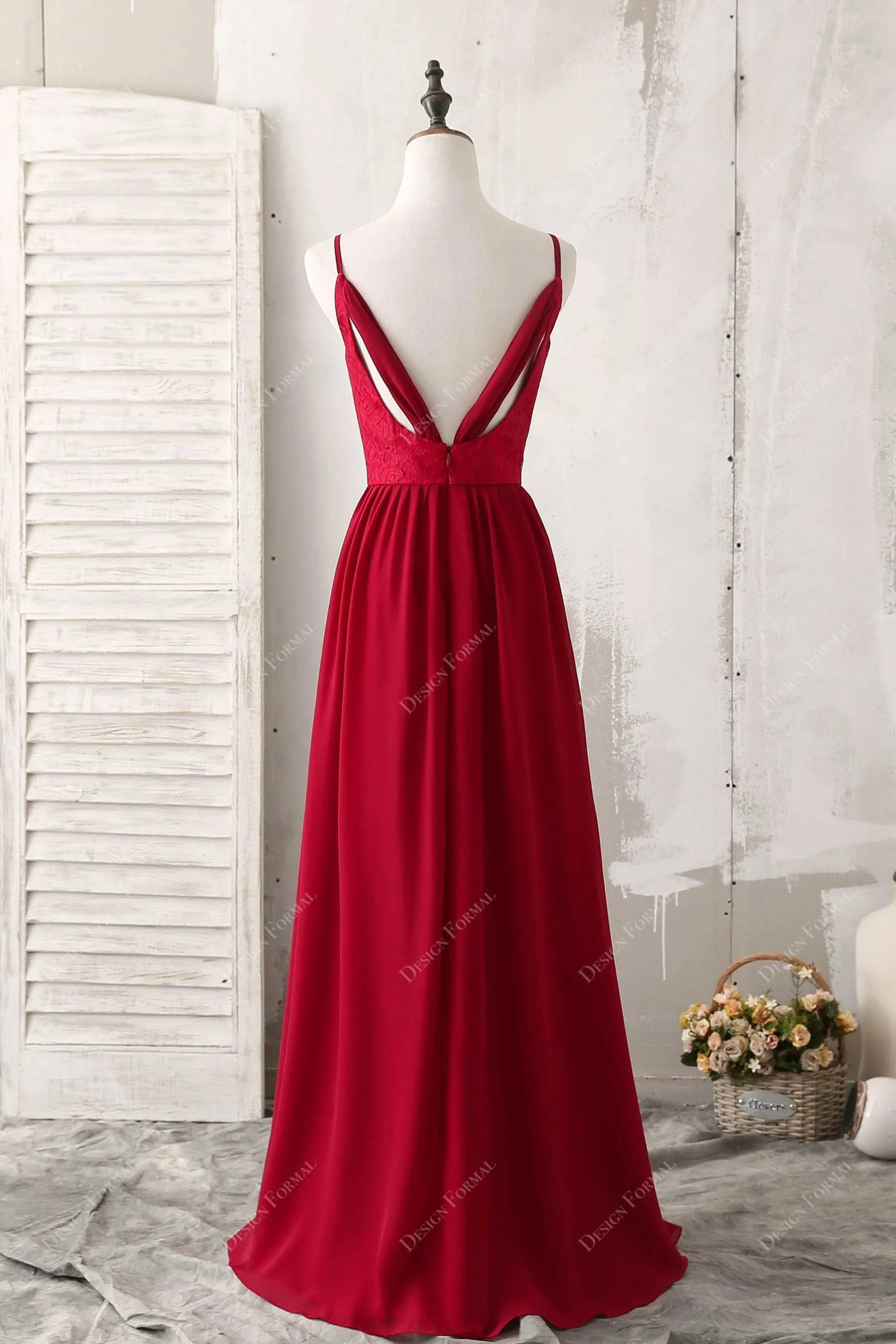 Red Lace Chiffon Thin Straps A-line Elegant Long Formal Gown