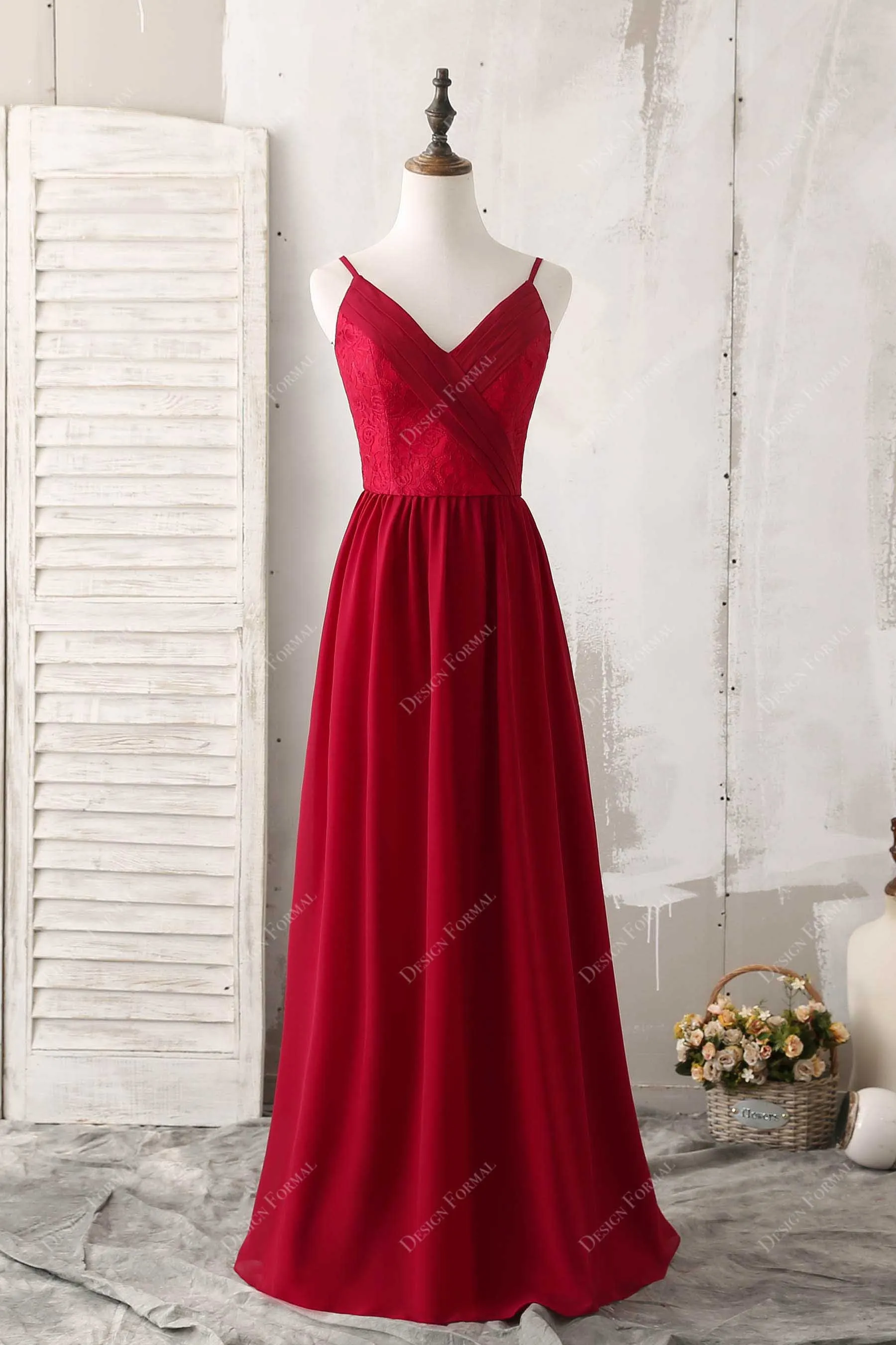 Red Lace Chiffon Thin Straps A-line Elegant Long Formal Gown