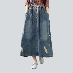 Ripped patchwork long denim skirt