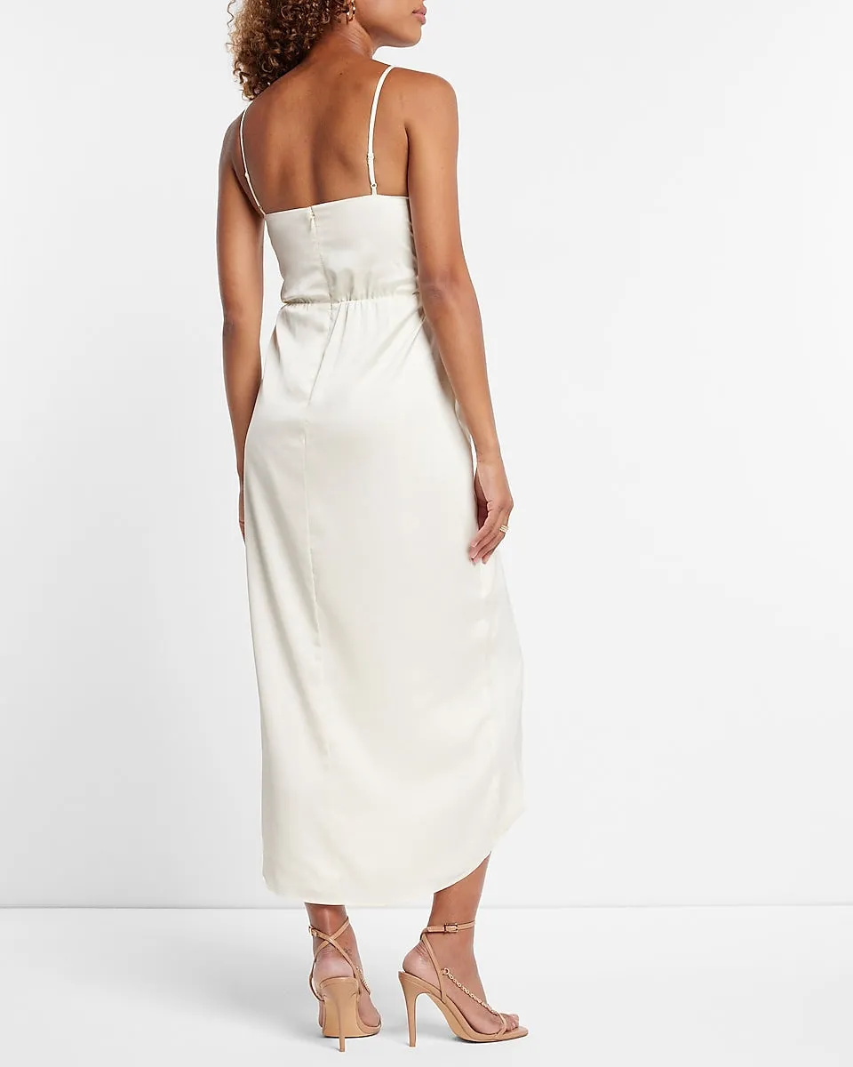 Satin Faux Wrap Tie Waist Hi-Lo Midi Dress in Swan