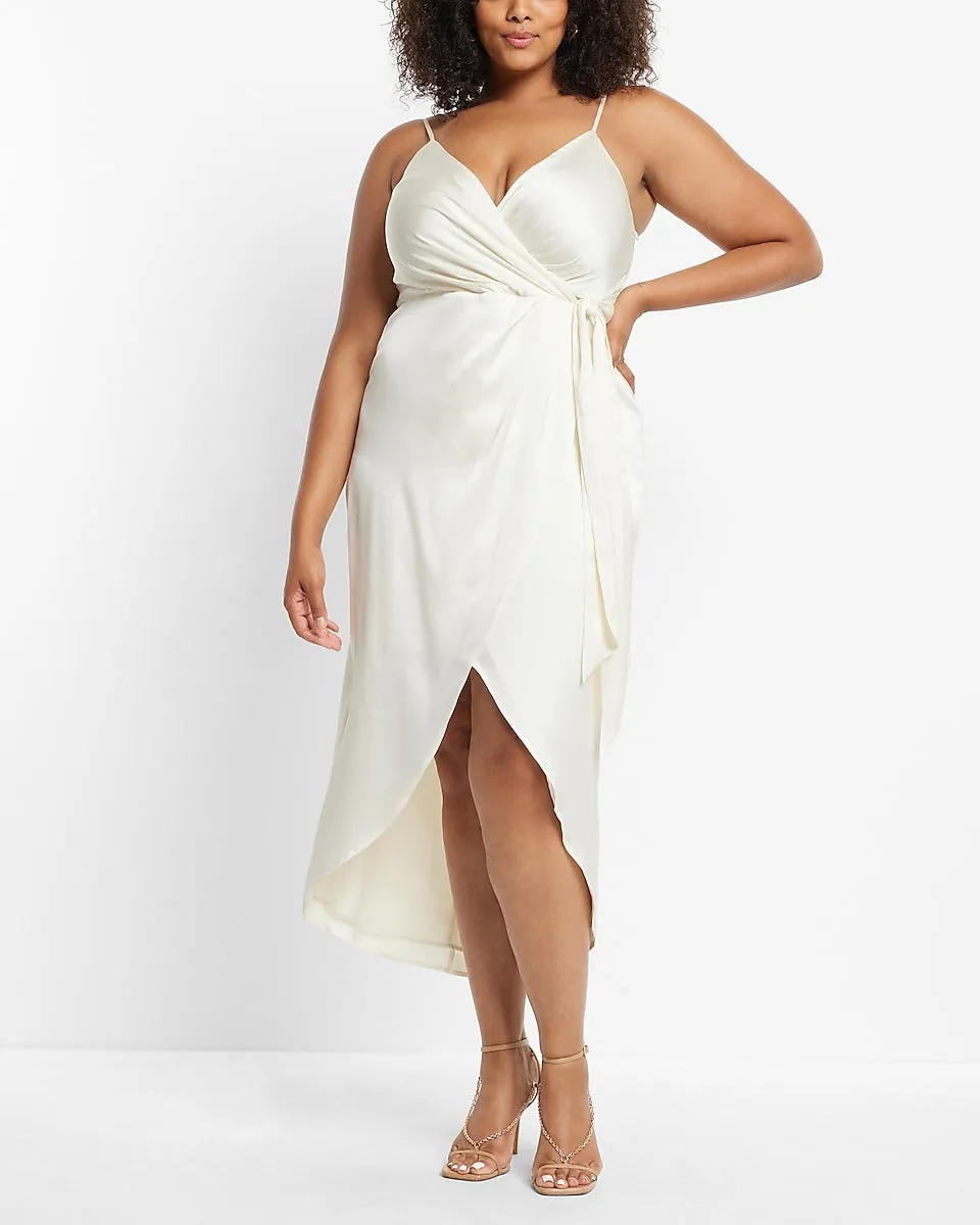 Satin Faux Wrap Tie Waist Hi-Lo Midi Dress in Swan