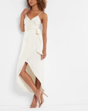 Satin Faux Wrap Tie Waist Hi-Lo Midi Dress in Swan