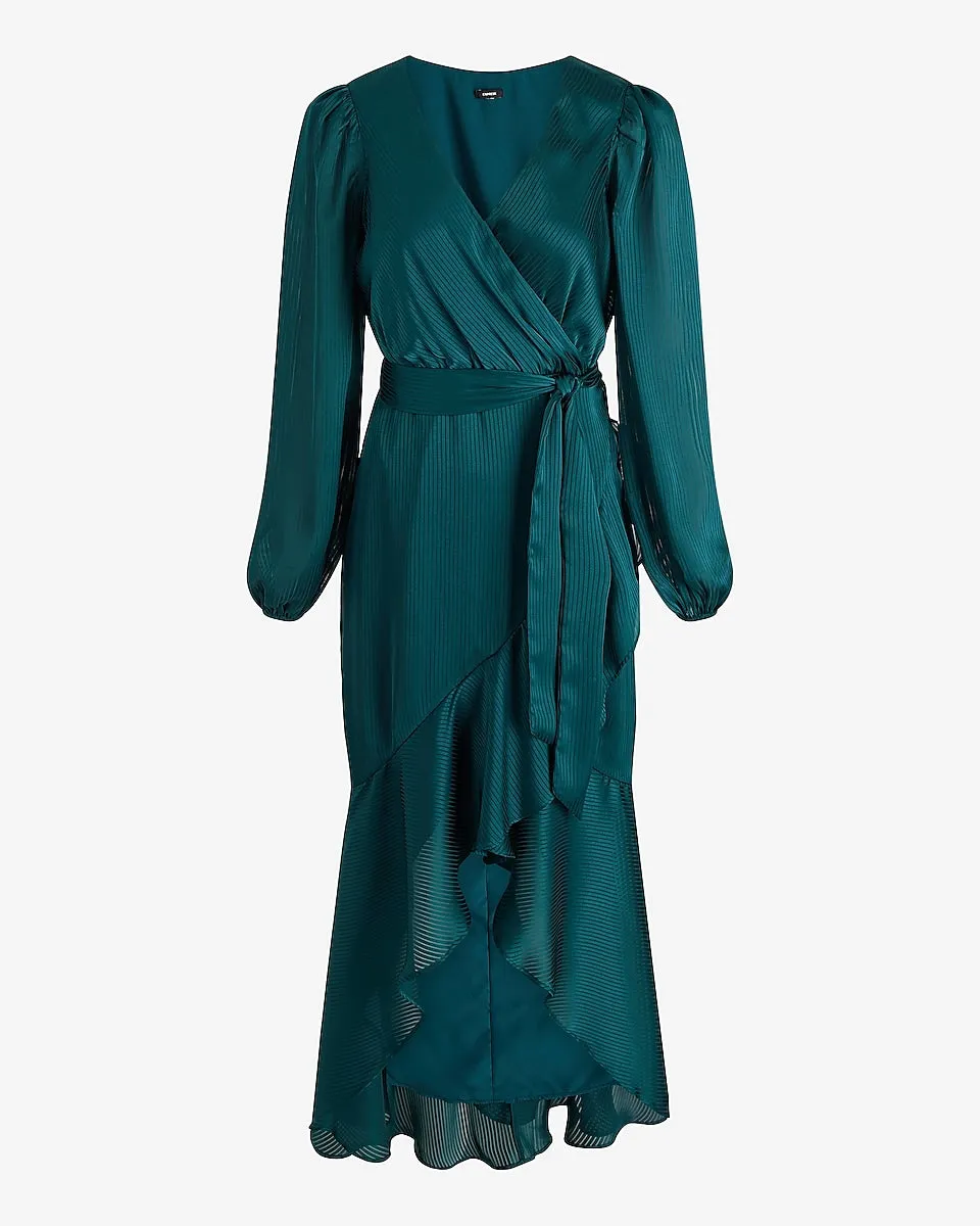 Satin Striped Surplice Ruffle Hi-Lo Maxi Dress in Deep Teal