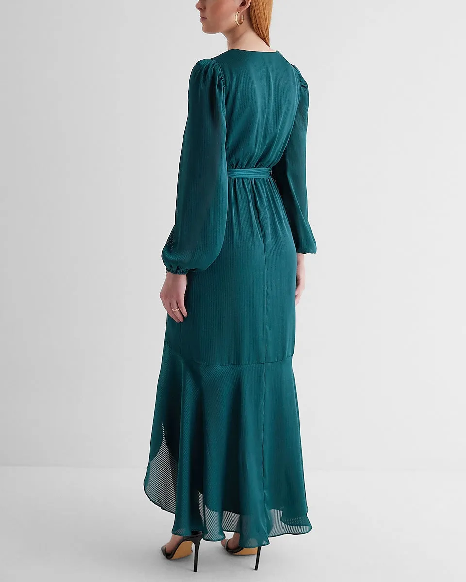 Satin Striped Surplice Ruffle Hi-Lo Maxi Dress in Deep Teal