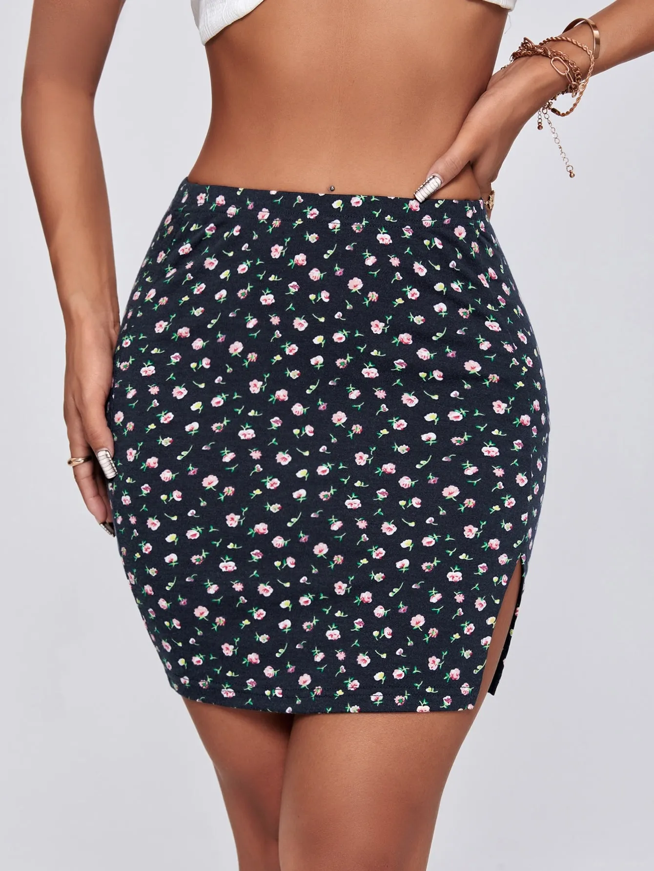 Sexy Ditsy Floral Split Natural Short Women Skirt