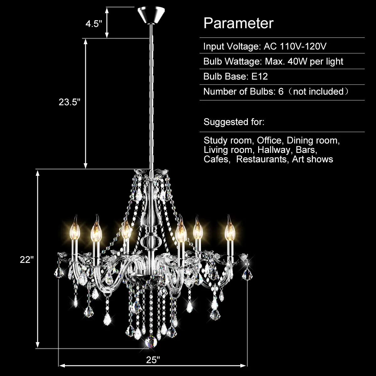 Tangkula Crystal Chandelier, 6 Light Ceiling Lighting Fixture (Transparent)