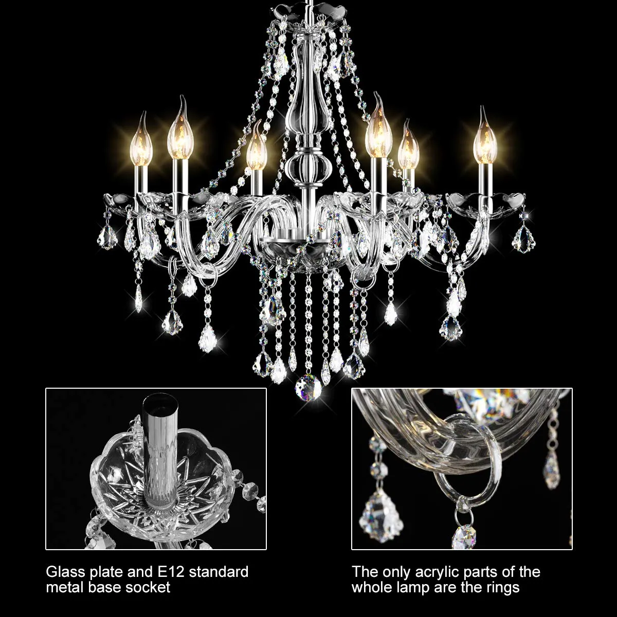 Tangkula Crystal Chandelier, 6 Light Ceiling Lighting Fixture (Transparent)