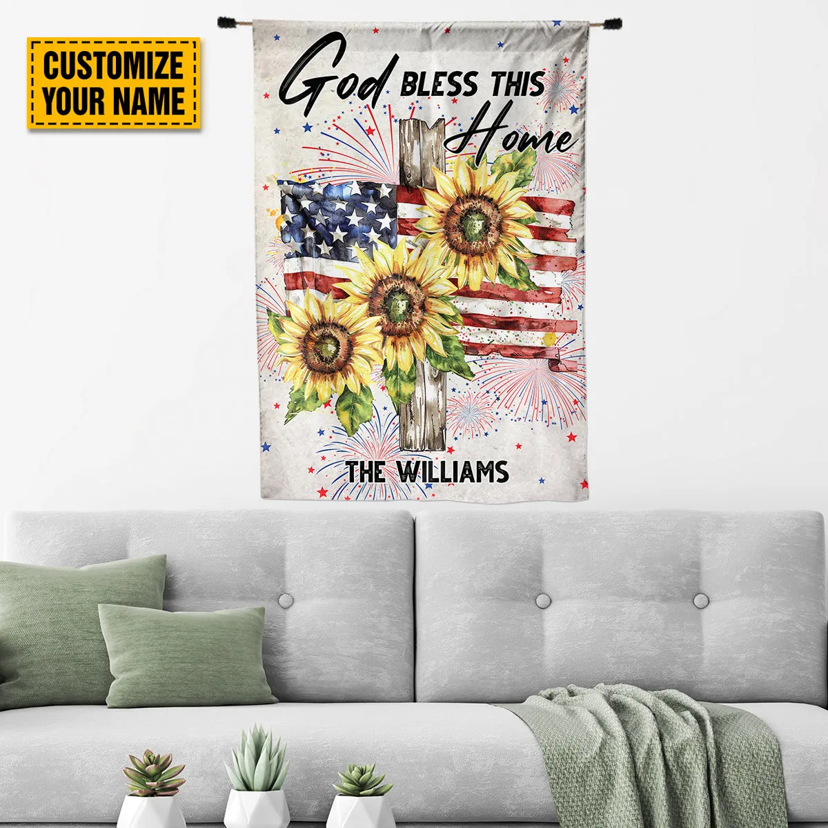 Teesdily | Customize Jesus Cross Sunflower American Flag Garden, God Bless This Home Flag, Happy Independence Day Banner House Decor, Religious Gift