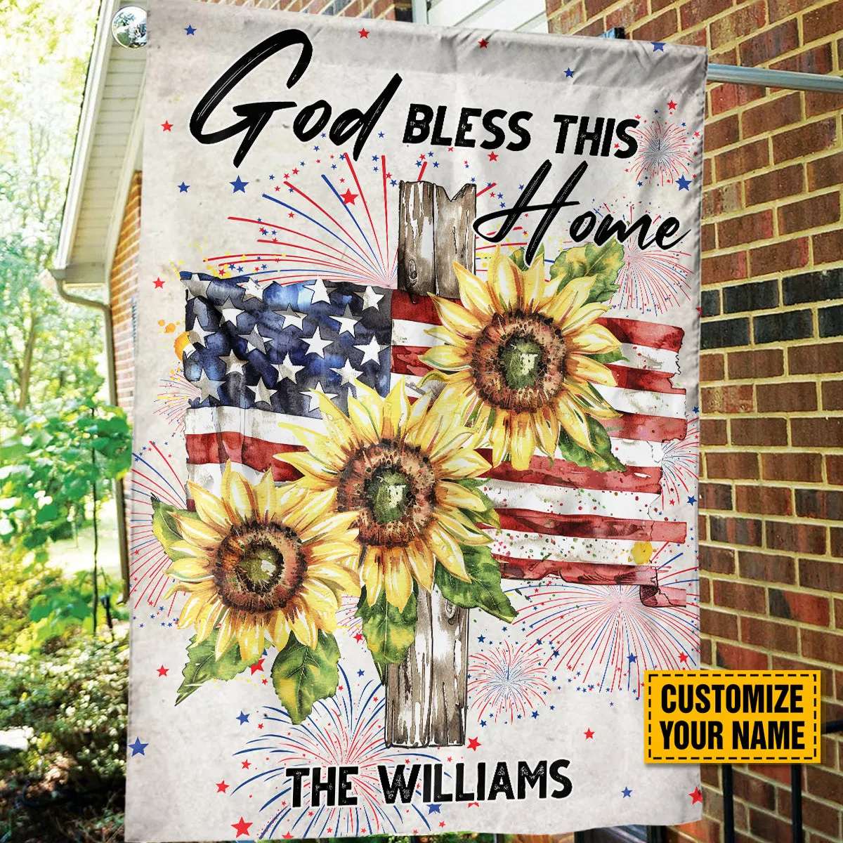 Teesdily | Customize Jesus Cross Sunflower American Flag Garden, God Bless This Home Flag, Happy Independence Day Banner House Decor, Religious Gift