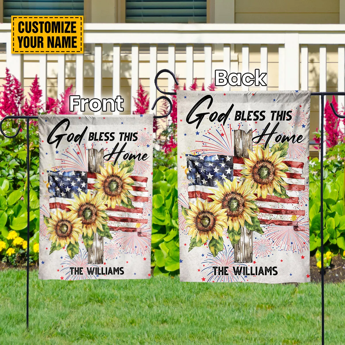 Teesdily | Customize Jesus Cross Sunflower American Flag Garden, God Bless This Home Flag, Happy Independence Day Banner House Decor, Religious Gift