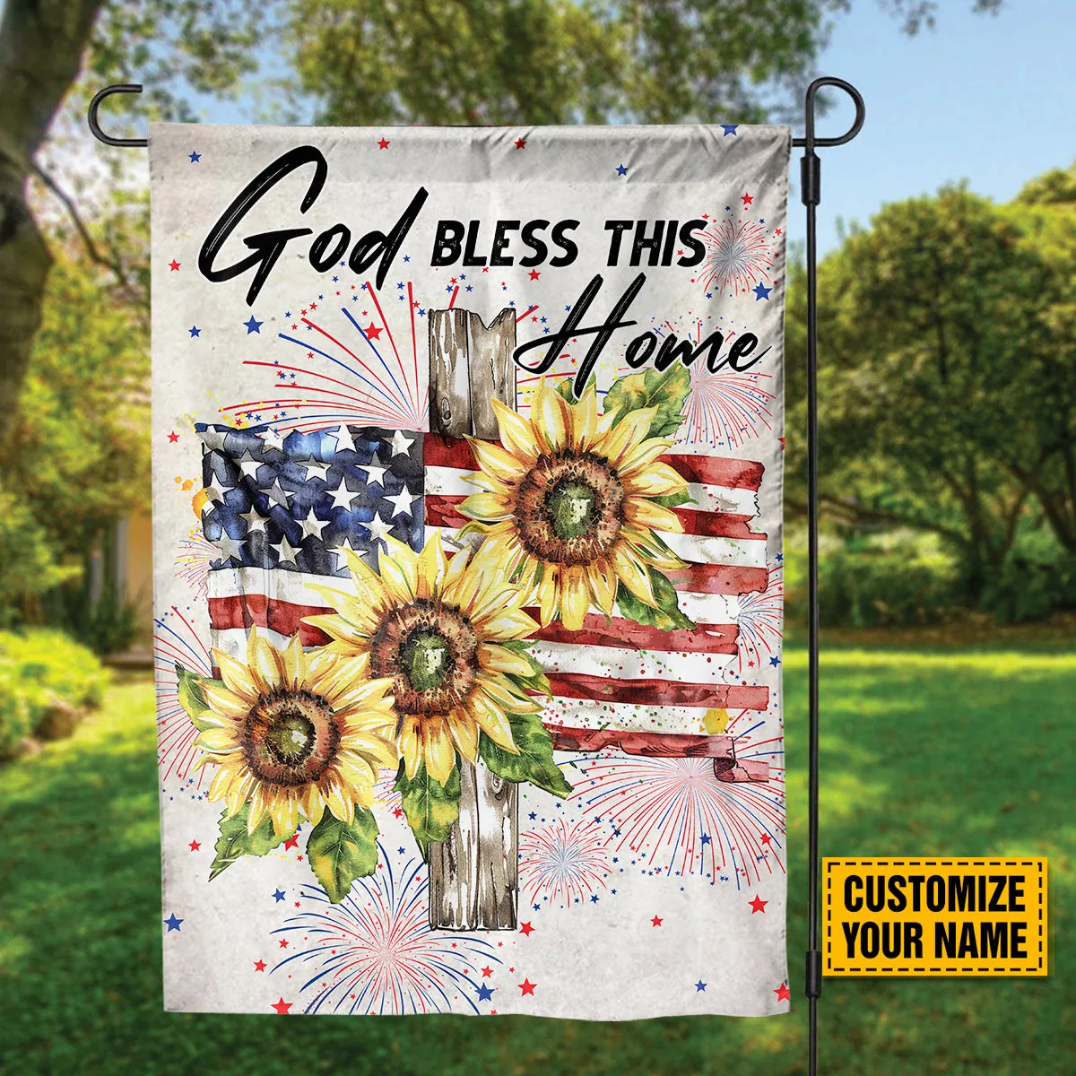 Teesdily | Customize Jesus Cross Sunflower American Flag Garden, God Bless This Home Flag, Happy Independence Day Banner House Decor, Religious Gift