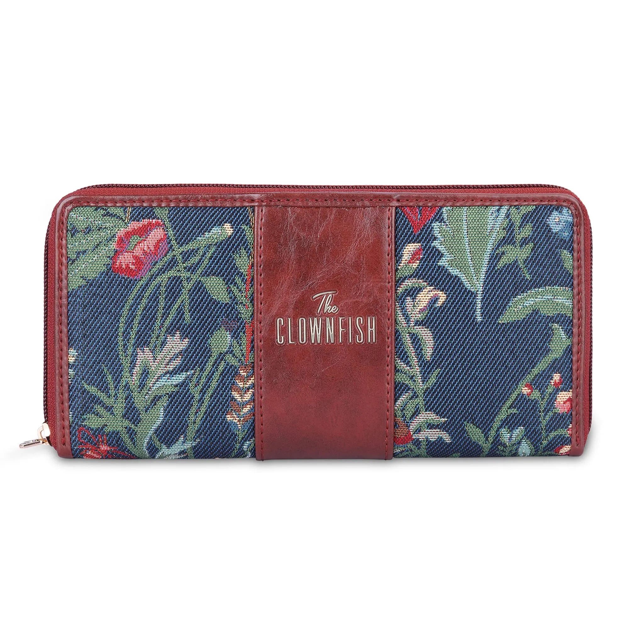 The Clownfish Aria Collection Tapestry Fabric & Faux Leather Zip Around Style Womens Wallet Clutch Ladies Purse with Card Holders (Navy Blue- Floral)