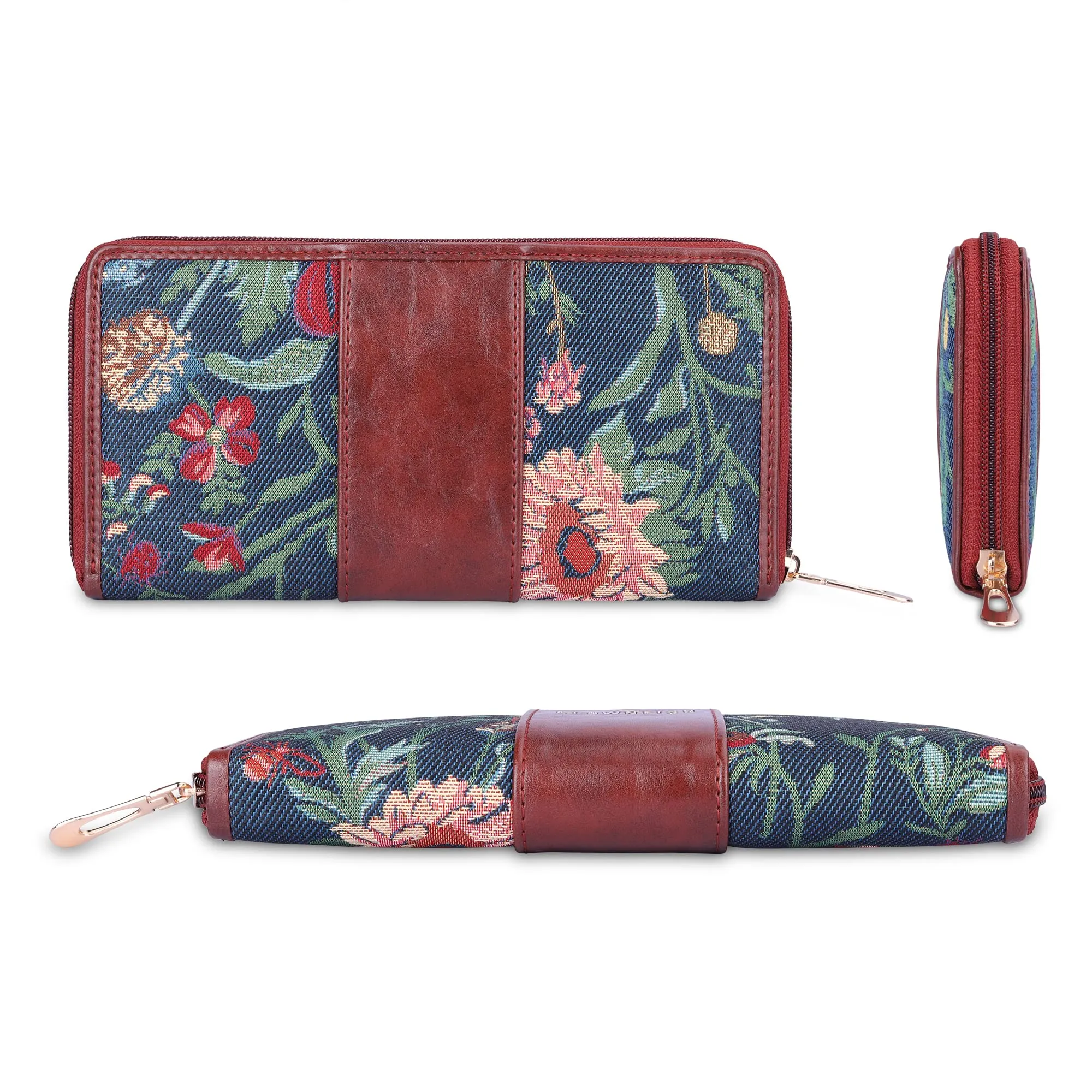 The Clownfish Aria Collection Tapestry Fabric & Faux Leather Zip Around Style Womens Wallet Clutch Ladies Purse with Card Holders (Navy Blue- Floral)