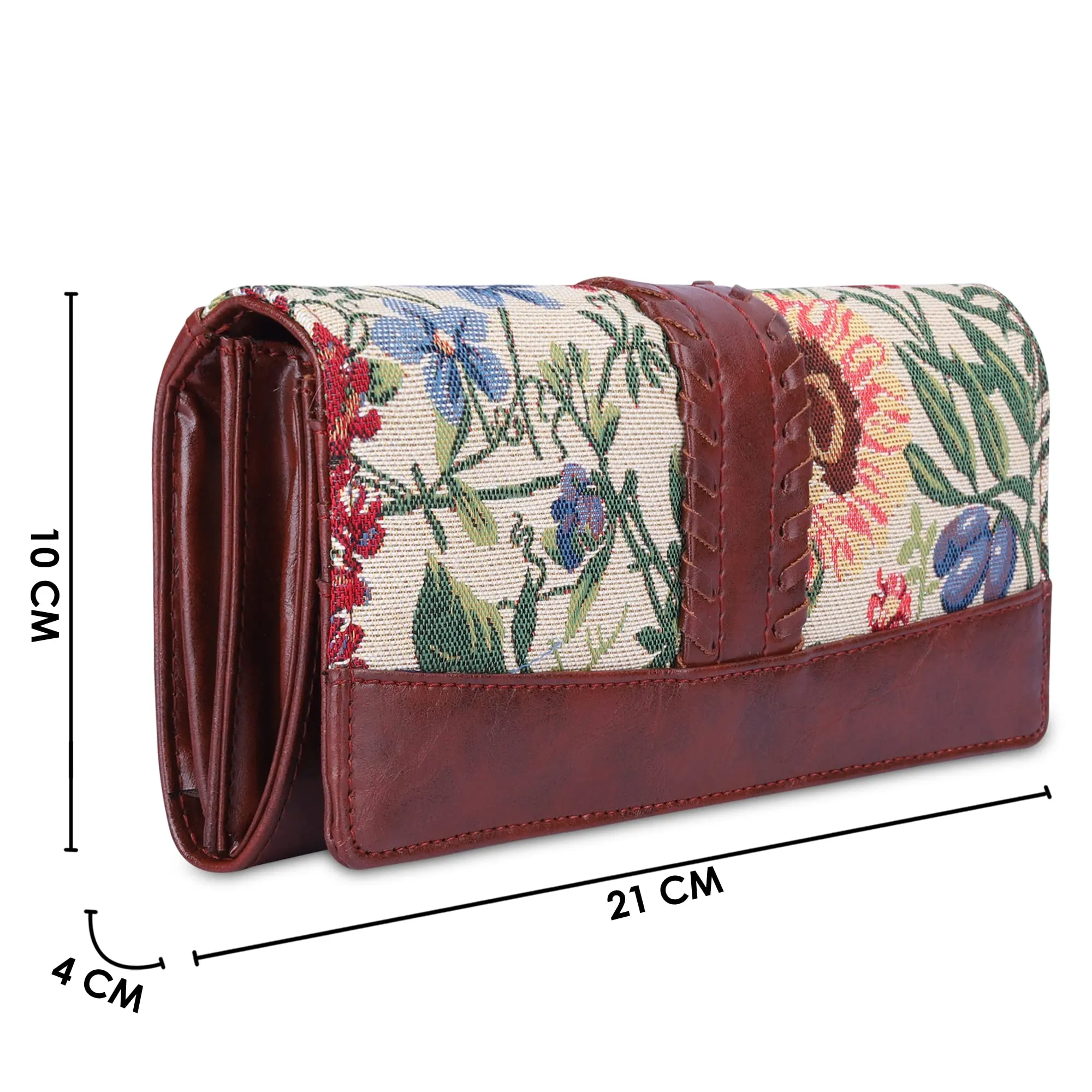 The Clownfish Serina Collection Tapestry Fabric & Faux Leather Snap Flap Style Womens Wallet Clutch Ladies Purse with Card Holders (Flax)