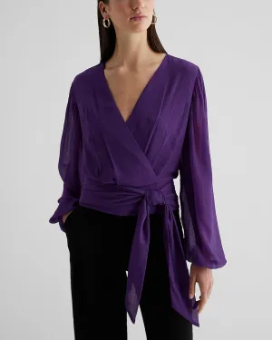 V-Neck Faux Wrap Tie Waist Cropped Top in Purple