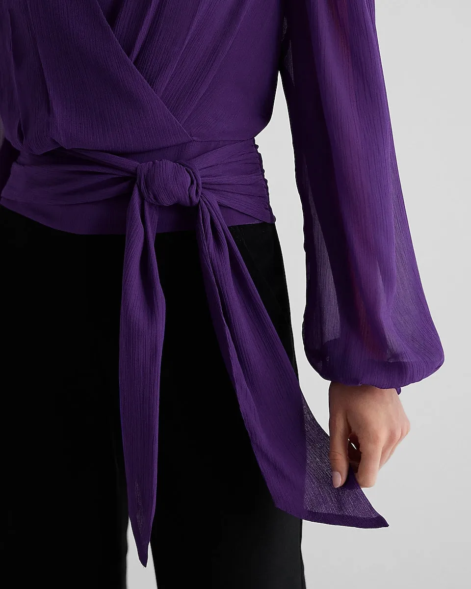 V-Neck Faux Wrap Tie Waist Cropped Top in Purple