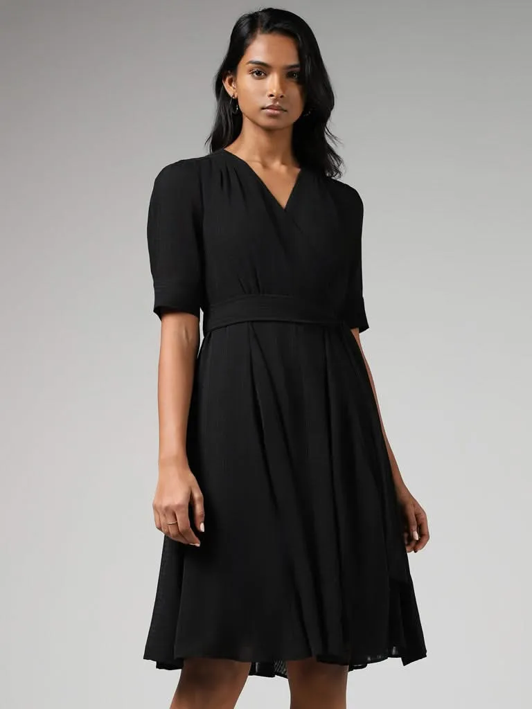 Wardrobe Black Surplice Neck Dress with Belt