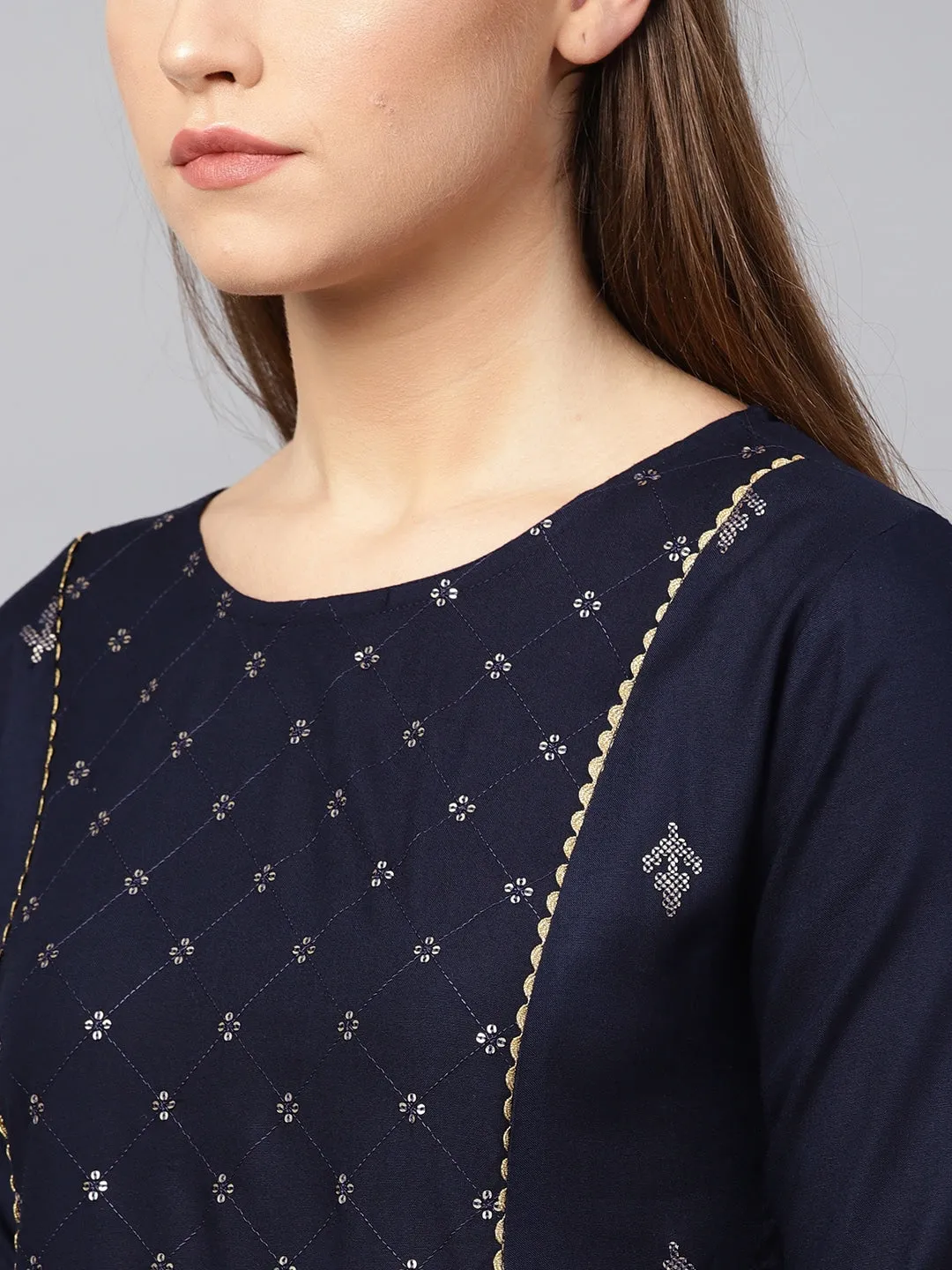 Women Navy Blue A-Line Kurta