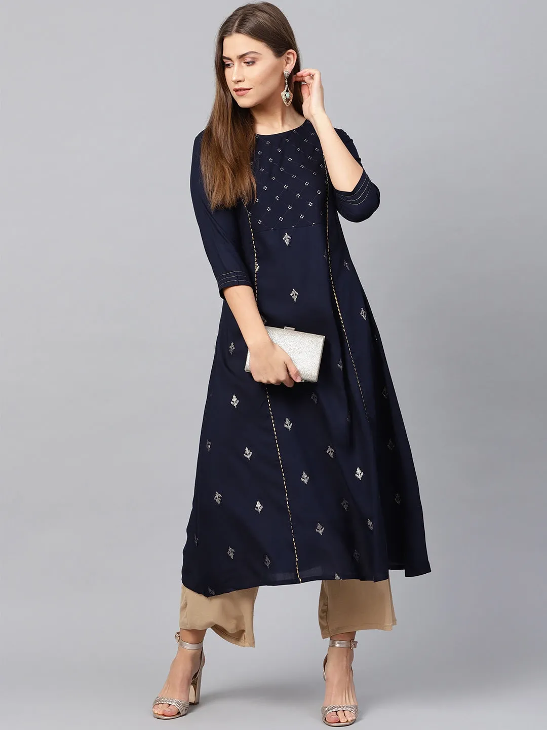 Women Navy Blue A-Line Kurta