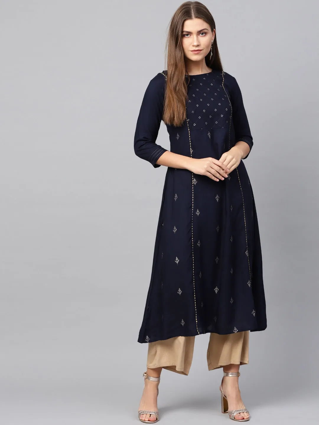 Women Navy Blue A-Line Kurta