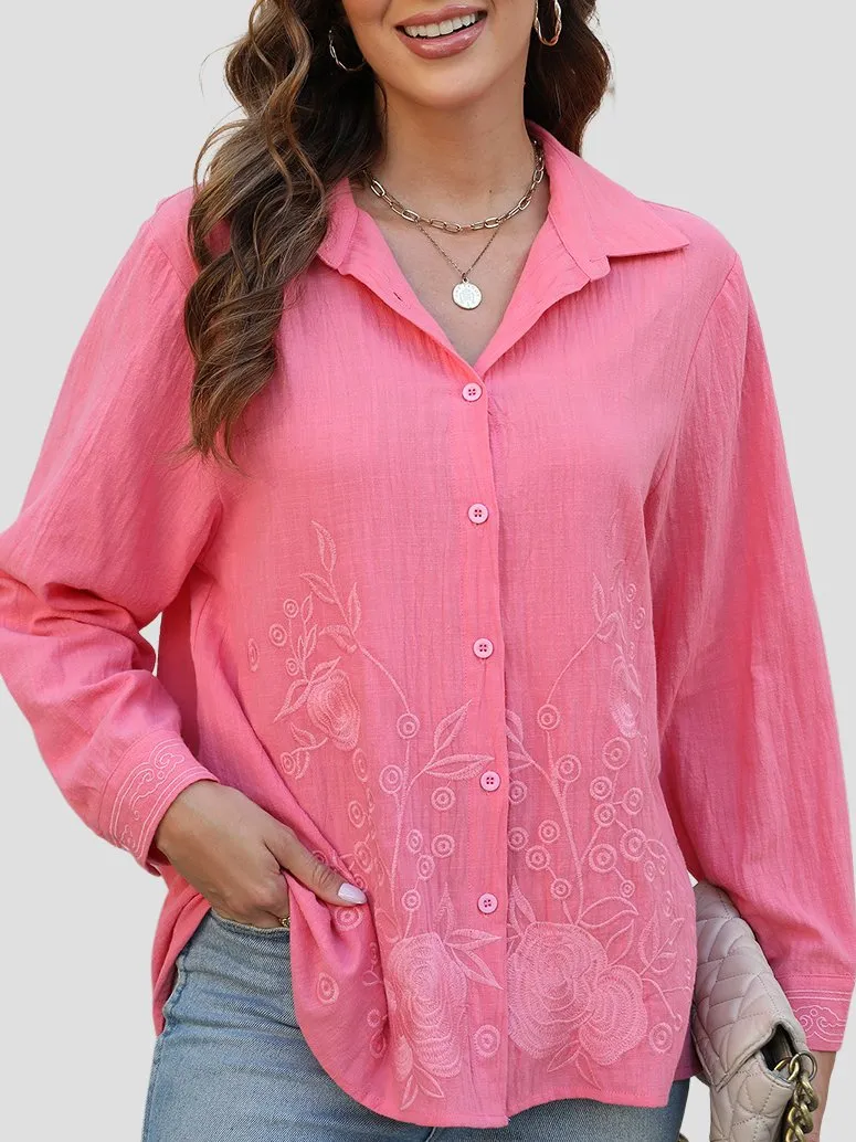 Women's Casual Floral Embroidered Lond Sleeve Shirt