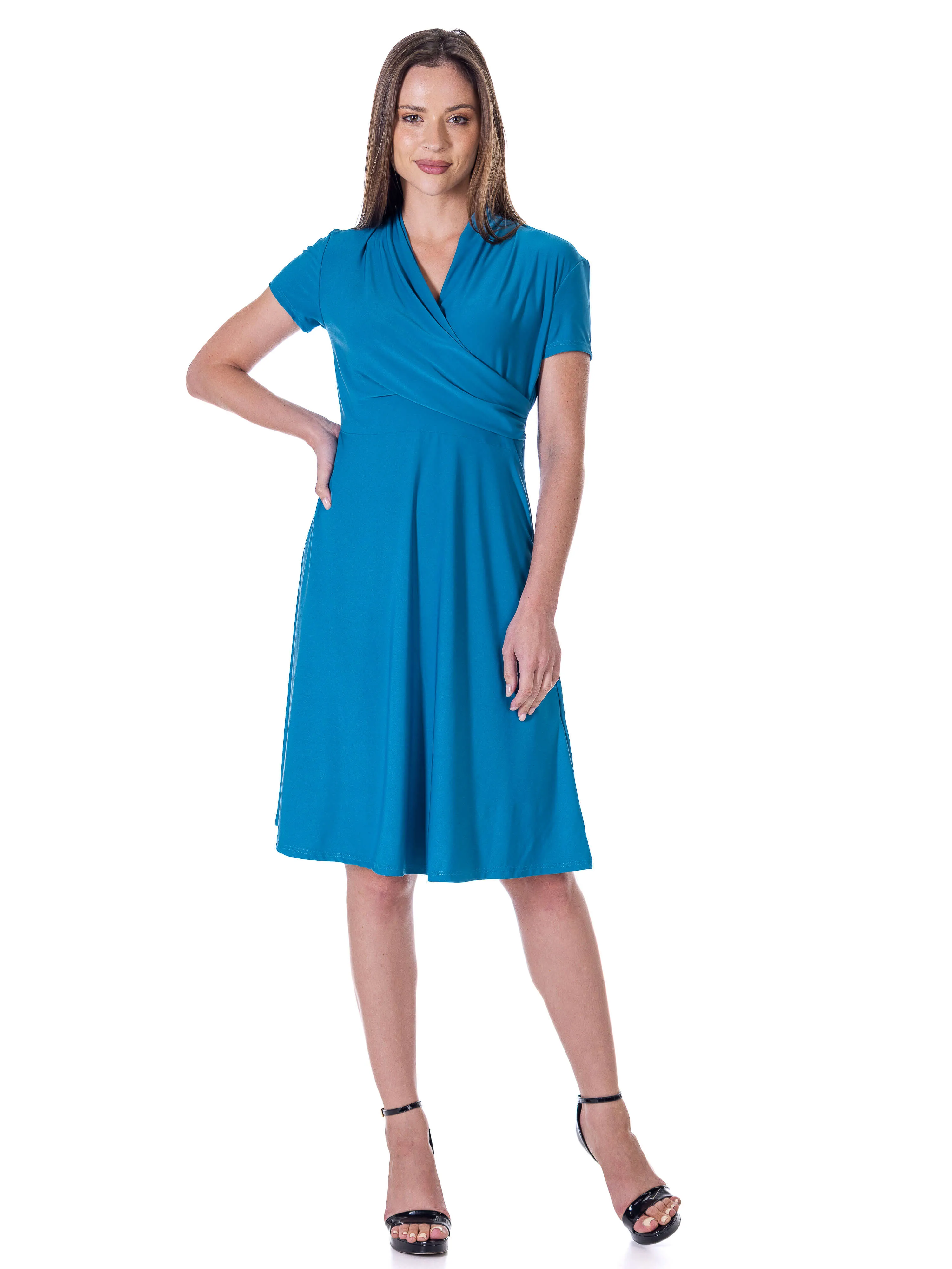 Womens Short Sleeve Knee Length V Neck Rouched Wrap Dress