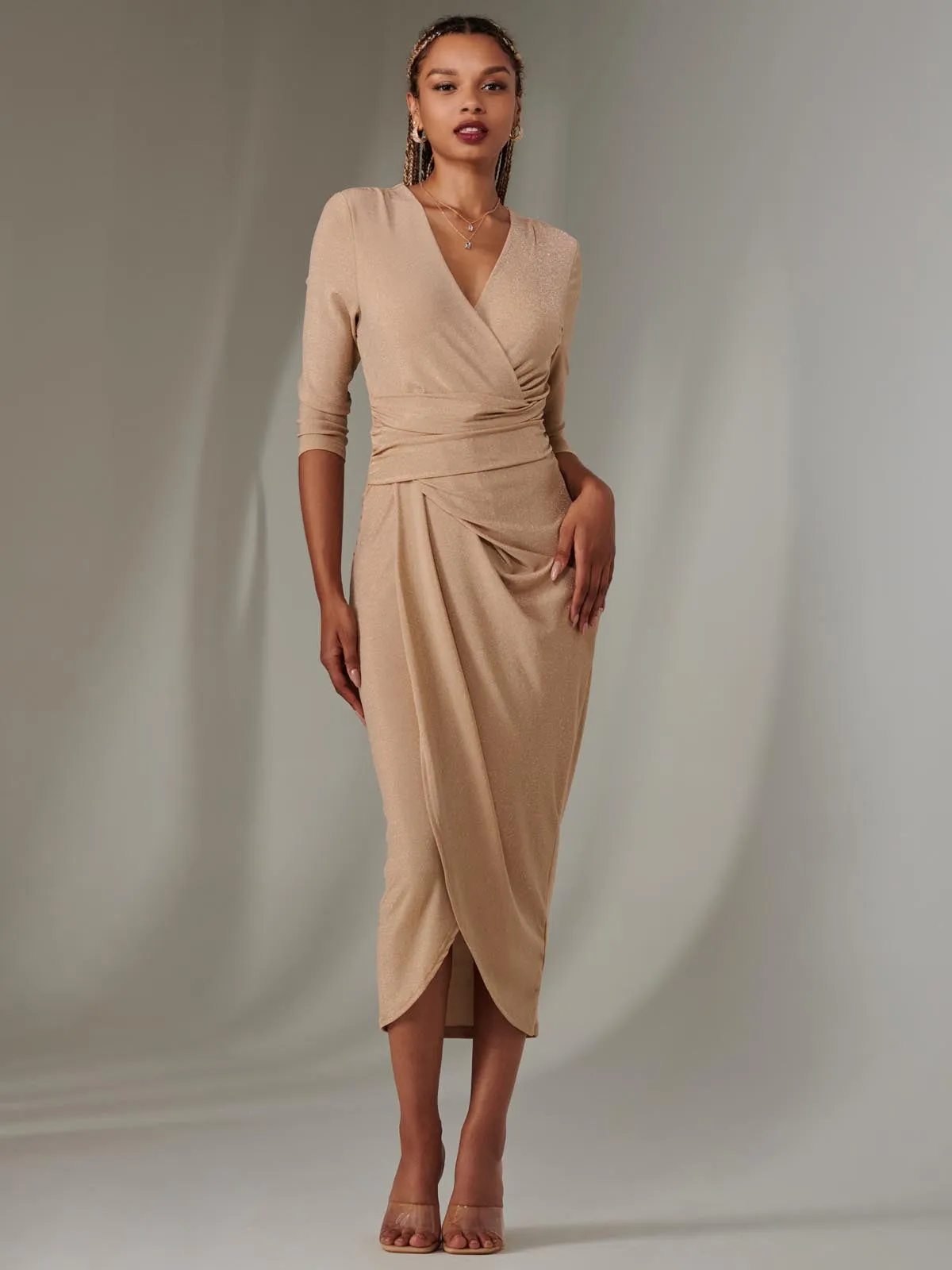 Wrap Sparkly Maxi Bodycon Dress, Nude